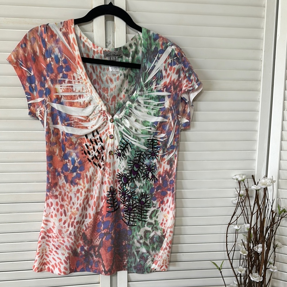 Multicolored Graphic Ruched Blouse